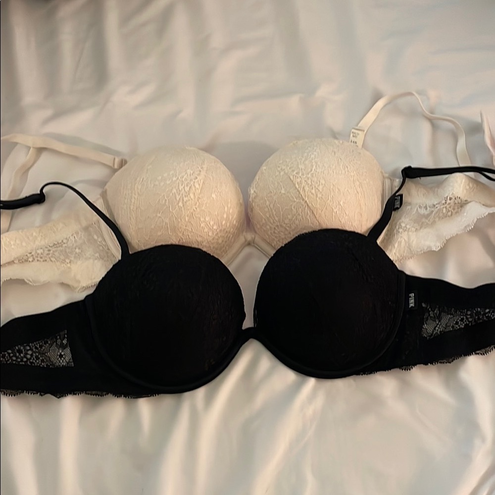 PINK Victoria's Secret Lace Push-Up Bras — Black & Cream Duo